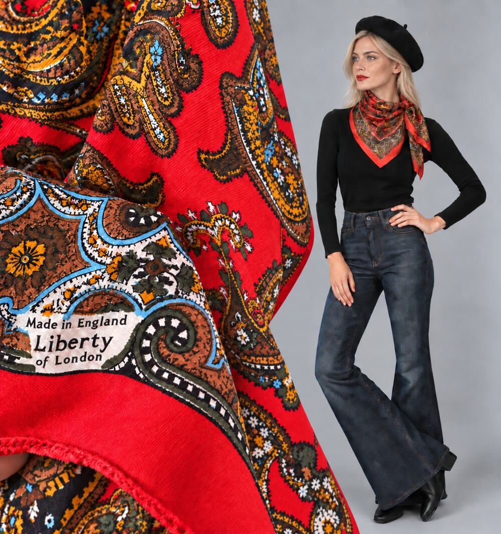 Vintage Liberty of London Red Multicolor Paisley Square Scarf 24 x 23